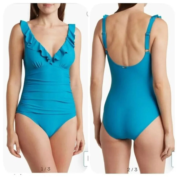 DKNY Ruffle One-Piece Swimsuit Sz 4 - Picture 1 of 6